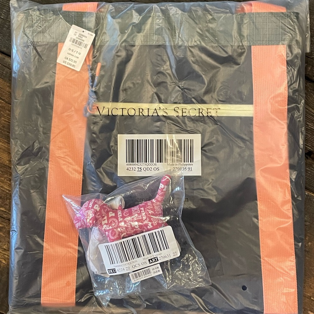 PINK VICTORIA’S SECRET NWT Micro Dog Keychain Charm WITH FREE NWT Weekender Tote